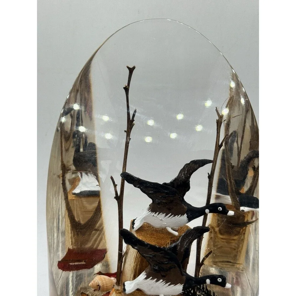 Vintage Large Lucite Carved Canadian Geese Diorama Display Paperweight 1980s